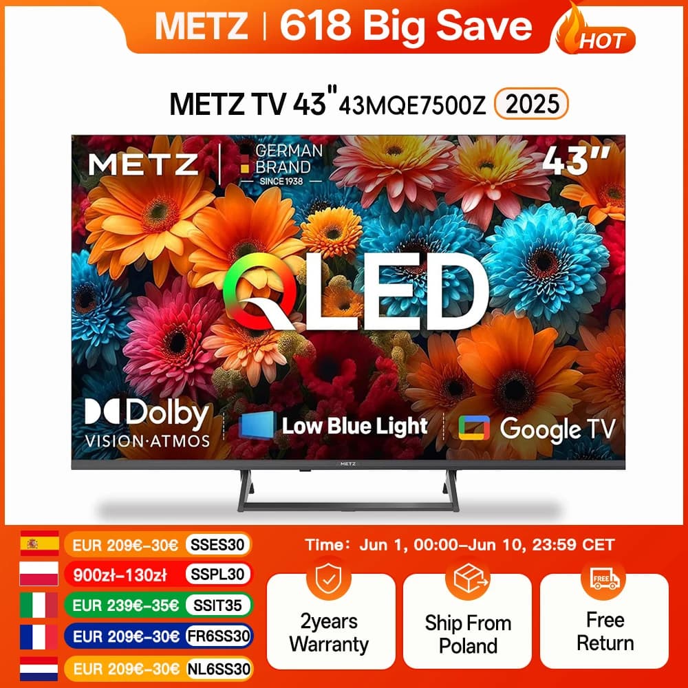 METZ QLED TV 43 Inch 4K Smart LED Television Google Tele HDR 10 MEMC DBX Dolby Atmos Game Hub EyeCare Tuner 2025 43 MQF7500Z