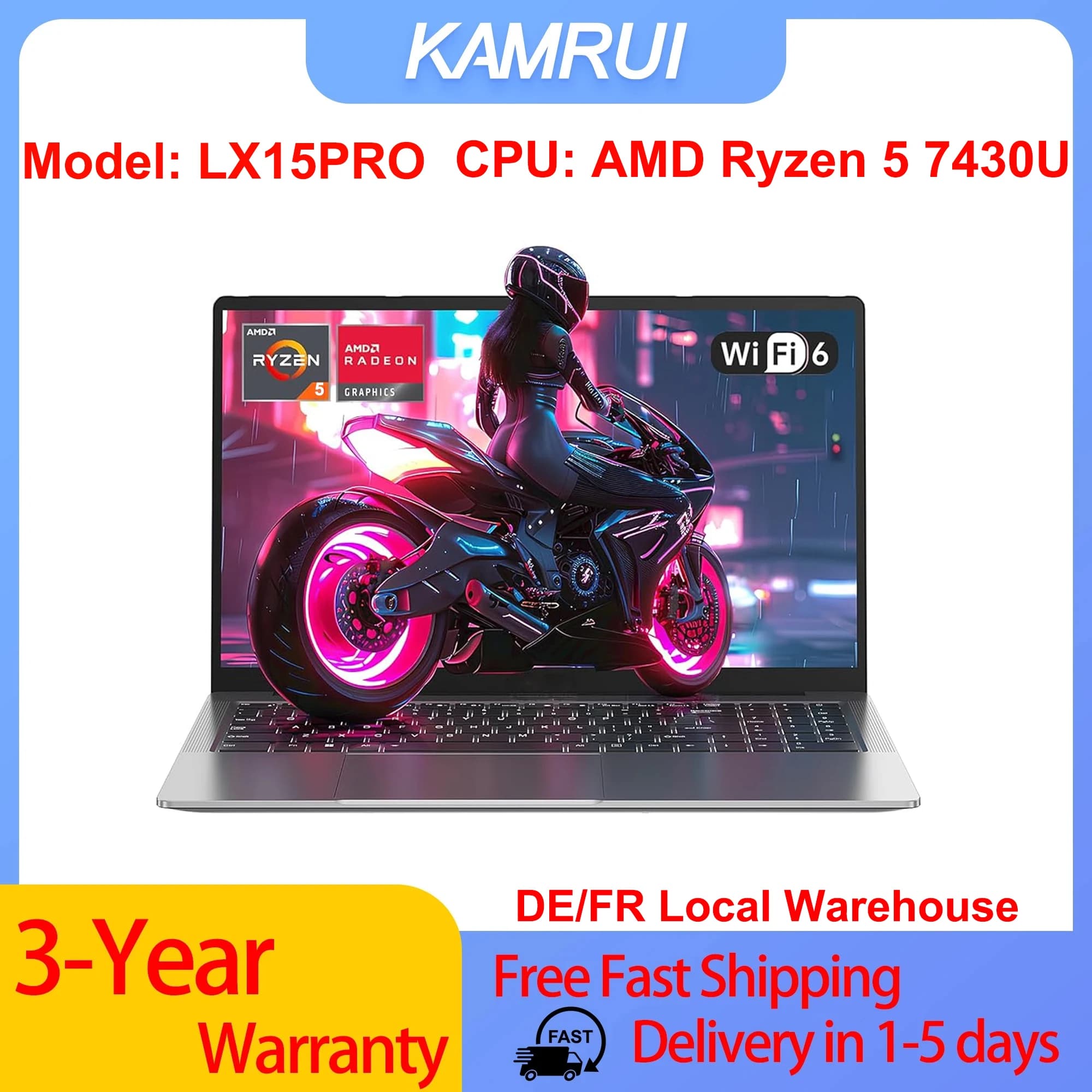 KAMRUI LX15PRO AMD Ryzen 5 7430U Gaming Laptop 15.6 Inch FHD LPS 16GB DDR 4 512Gb M.2 Ssd Windows 11 Pro 180 ° Flip Wifi6 Bt5 Office Computer Notebook