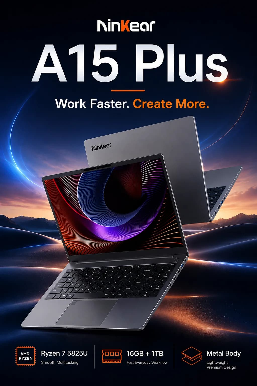 Ninkear A15 Plus Laptop, AMD Ryzen 7 5825U 8 Cores Max 4.5GHz, 15.6 inch 1920*1080 60Hz Screen, 16GB RAM 1TB SSD, WiFi 6