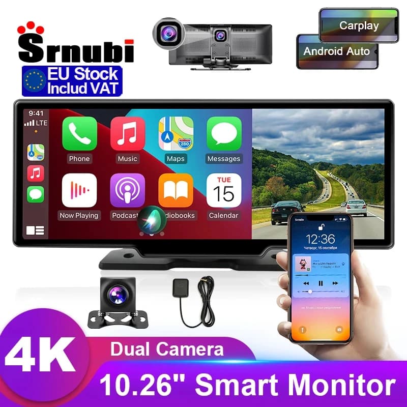 Srnubi 10.26'' 4K Dashcam Wireless CarPlay & Android Auto Rearview Camera Dual Lens DVR WiFi BT GPS Navigation Video Recorder