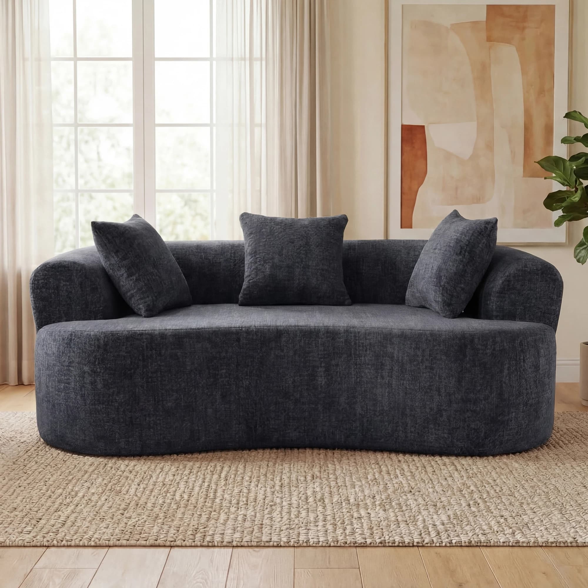 Crescent-Shaped Modular Sofa, Modern Low-Back Design with Deep Cushions, Self-Inflating Foam-Filled Two-Seater, No Assembly Required, Chenille Fabric, Easy to Clean, Versatile Sleeper Sofa for Living Room, Apartment, or Playroom, Grey