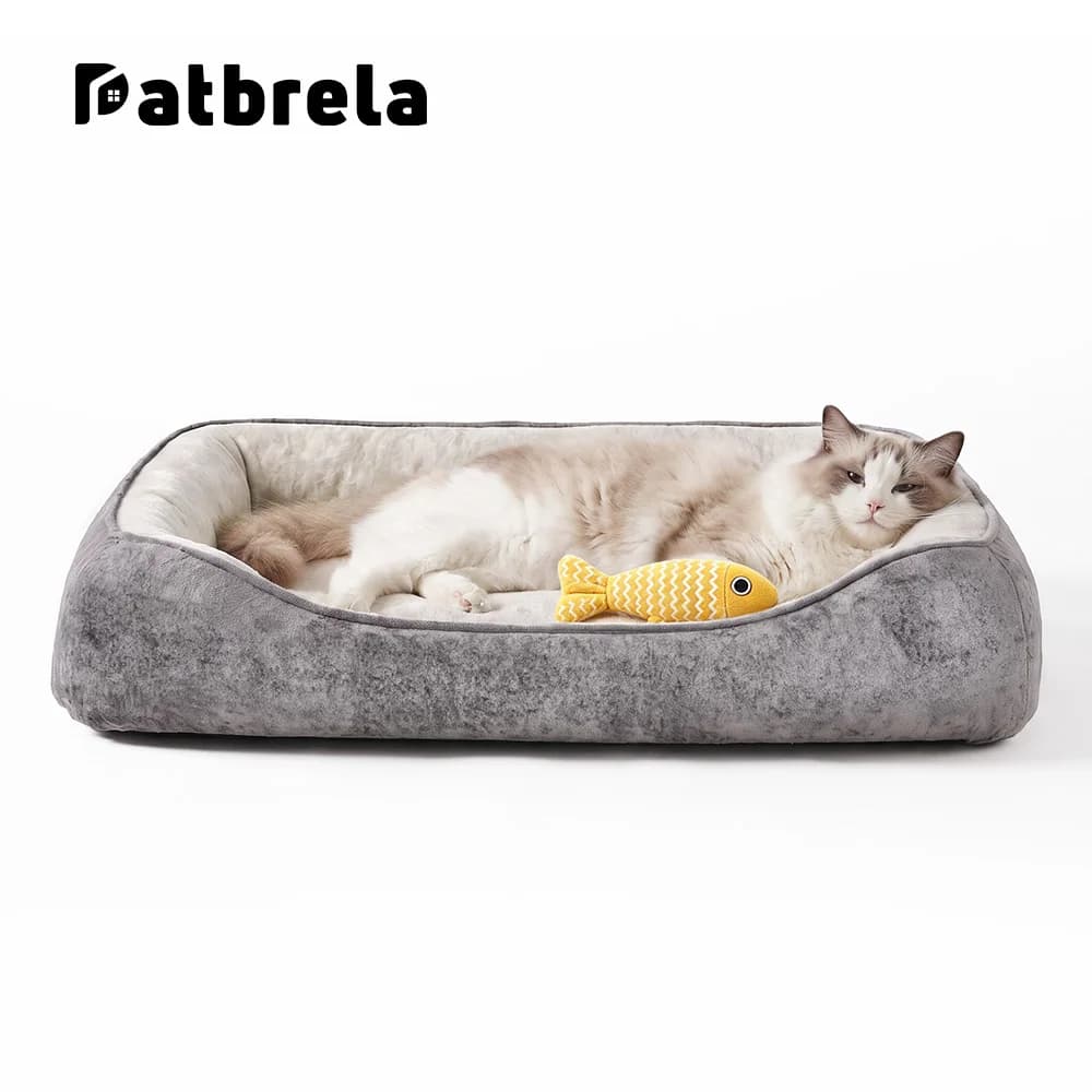 Patbrela Cat Dog Bed for Dogs Cats Cooling Memory Foam Plush Velvet Washable Removable Cover Non-Slip Orthopedic Pet Sofa L Size