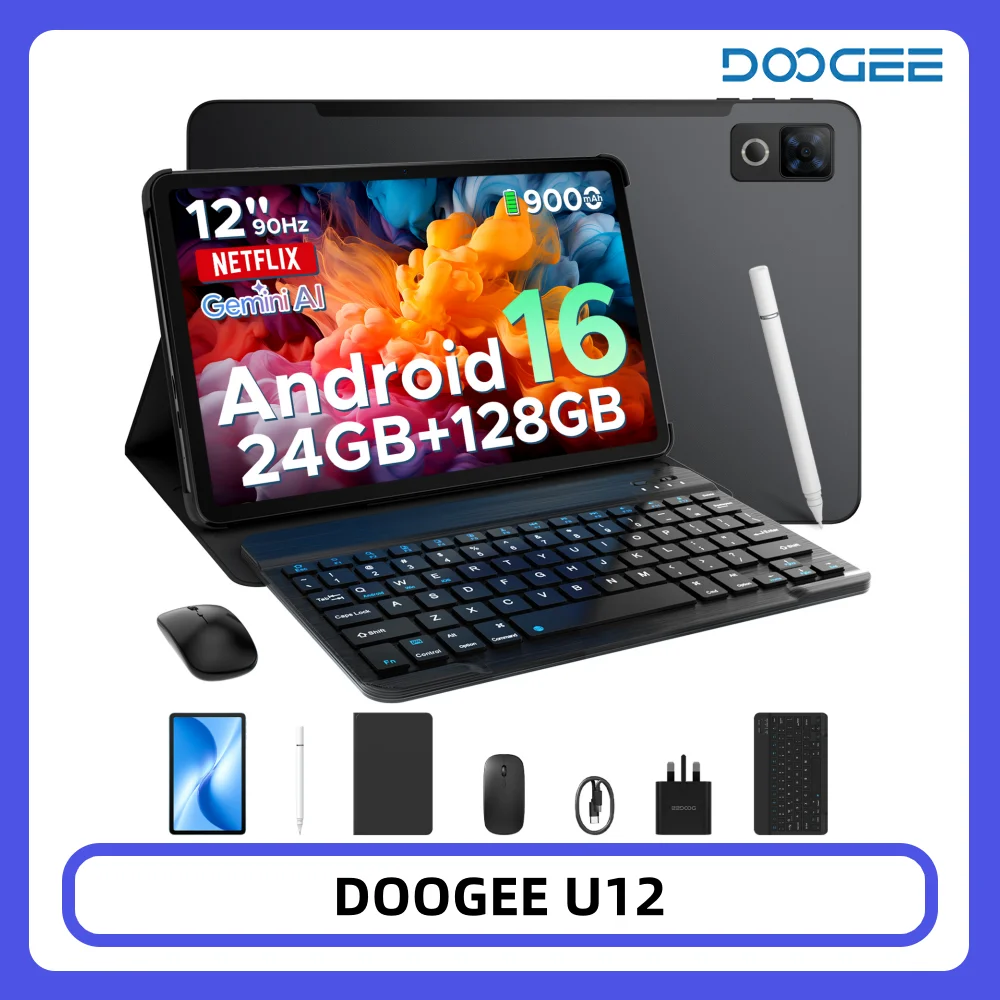DOOGEE U12 Tablet PC 24GB 128GB Gemini AI 12'' FHD+ Screen 9000mAh Large Battery 7.8mm Ultra-thin Android 16 Smart Pad
