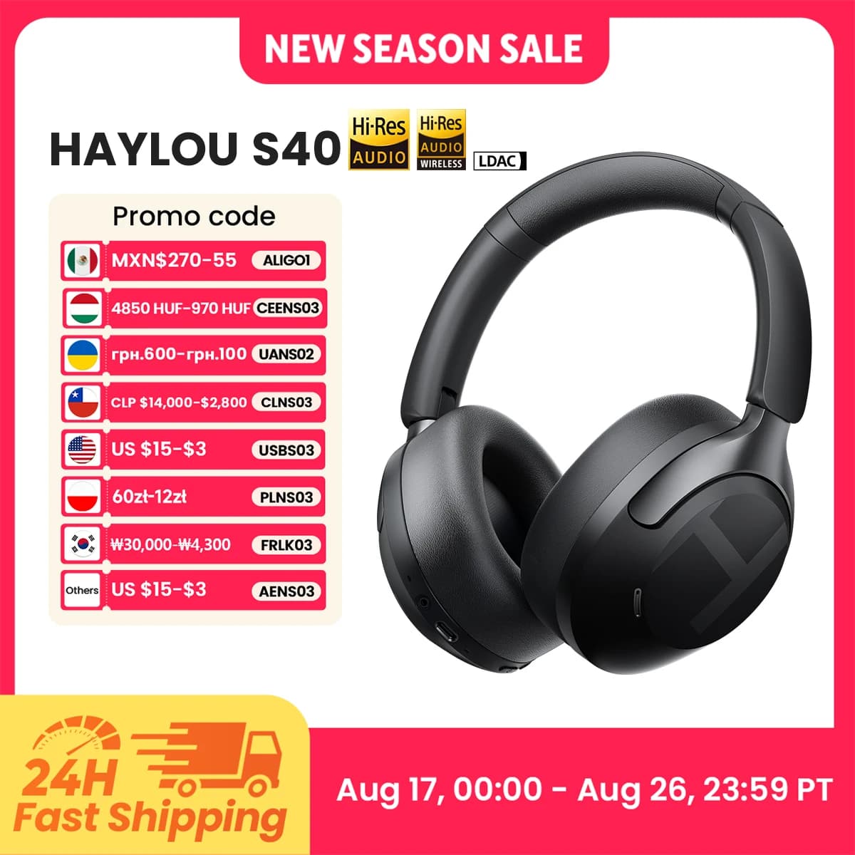 HAYLOU S40 ANC Wireless Headphones Bluetooth 6.0 Hi-Res Audio Over Ear Headset 50dB Hybrid Active Noise Cancellation Earphones