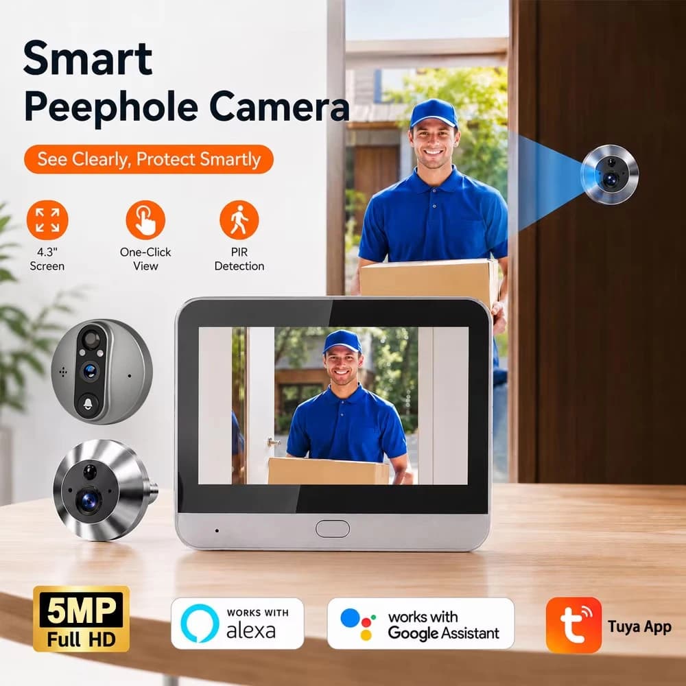Tuya Smart 5MP 140° Wide View Angle Mini Digital Peephole Eye Viewer WiFi IR PIR Detection Doorbell Door Camera Alexa Google