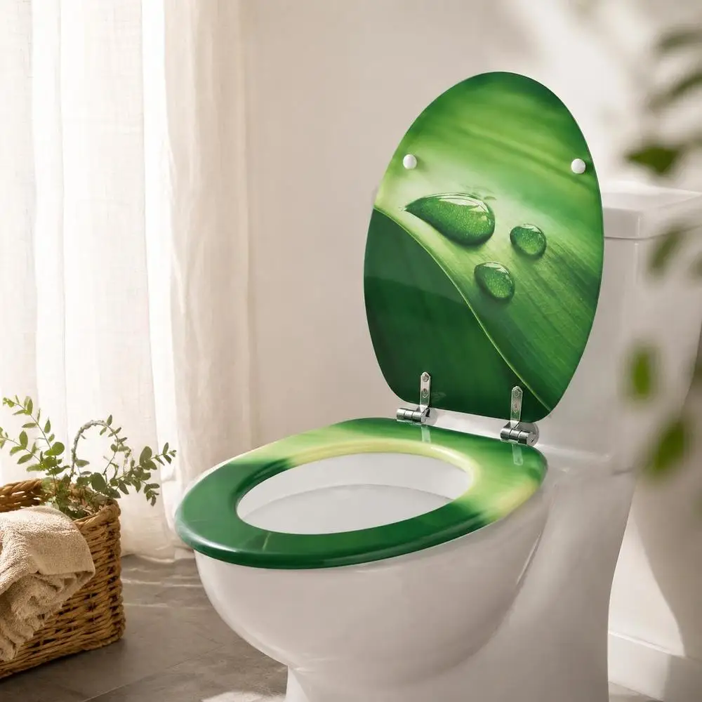 2Pcs MDF Green Toilet Seats With Lid Water Drop Design Heavy‑Duty Replacement Toilet Cover Home Bathroom Sanitary Fixture Accessories