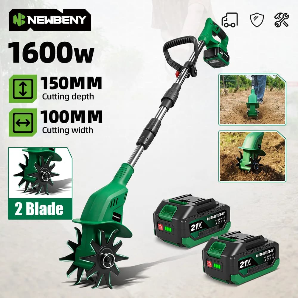 NEWBENY 1600W Electric Rotary Tiller Cultivator 150MM Portable Grass Trimmer Soil Turning Lawn Mower Tool for Makita Battery Pin