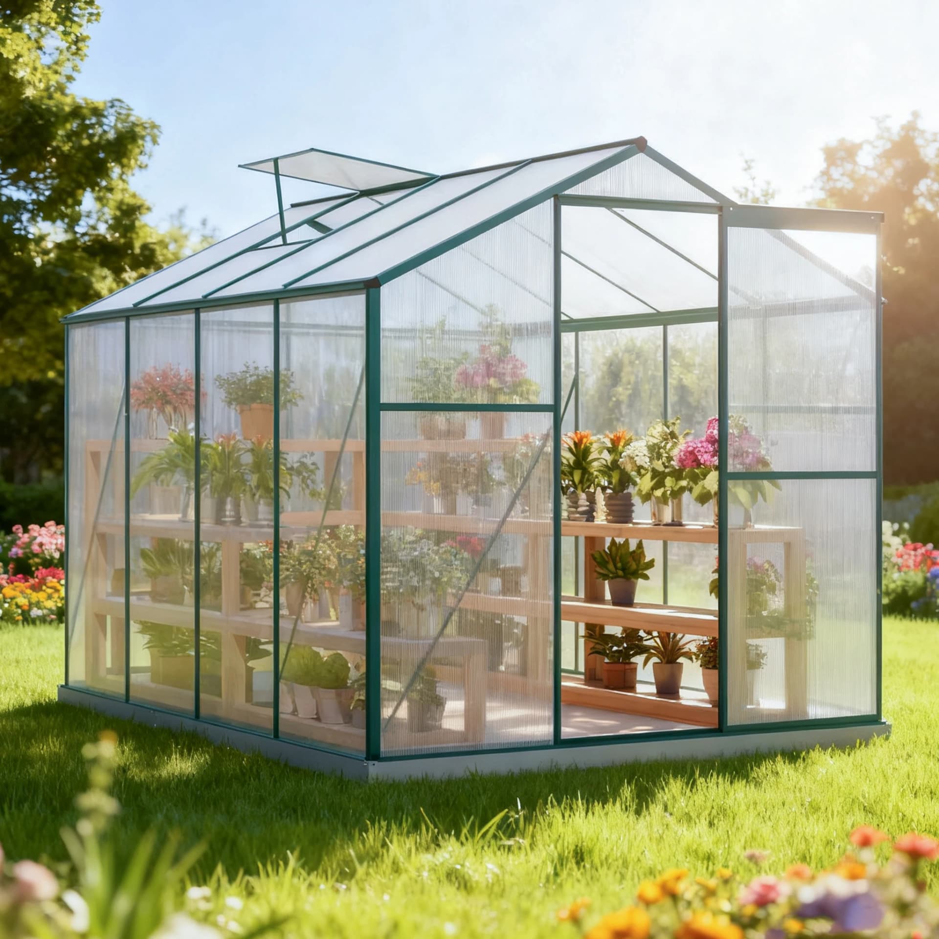 Aluminum Greenhouse with Foundation 4,75 m² - 190 × 253 cm Incl. 1 Skylight & Sliding Door, Garden Greenhouse Plant House