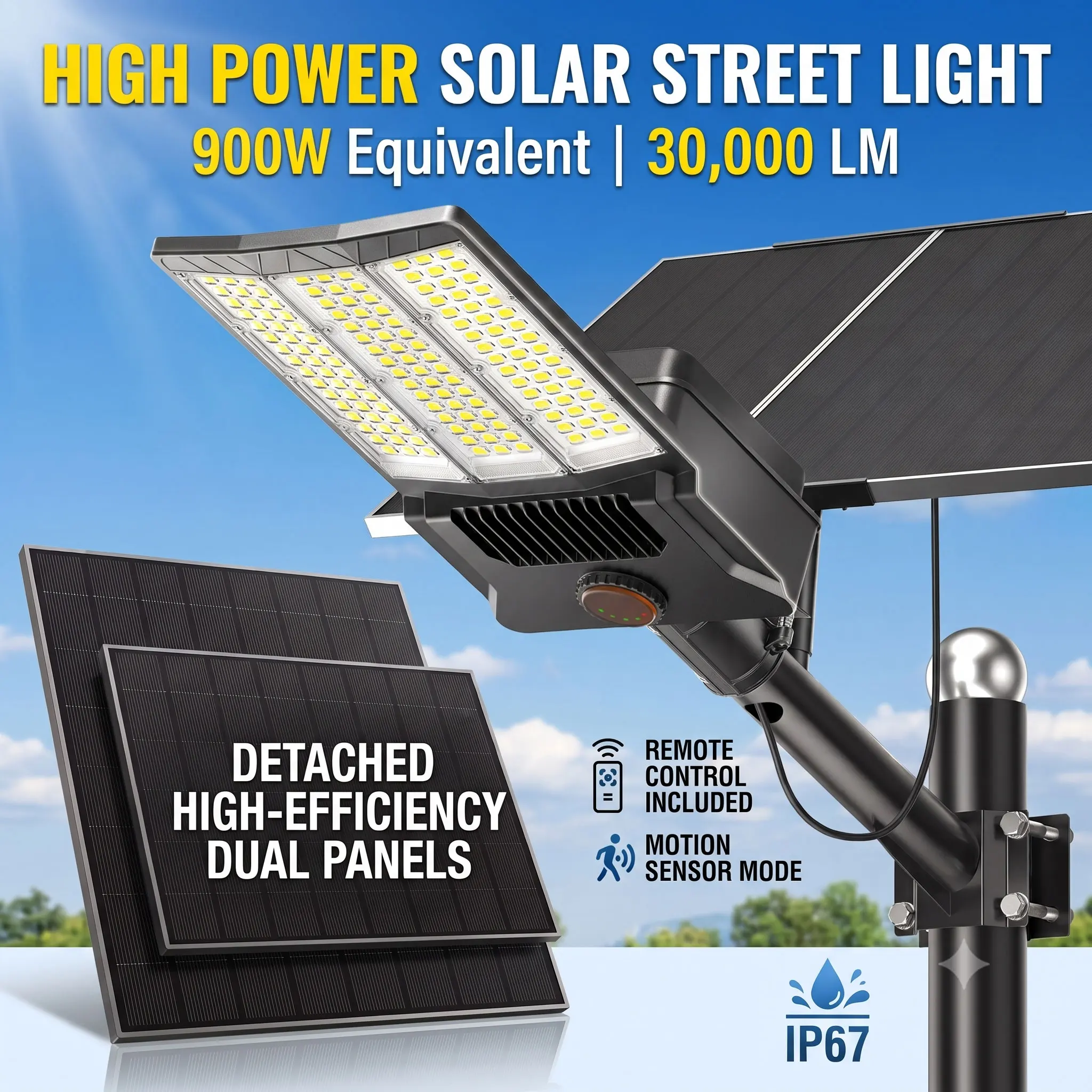 Swiatla Commercial Outdoor Solar Street Lights Dusk to Dawn Motion Sensor Flood Light 8000W 20000 Lumens IP67 Waterproof LED for Parking Lot Yard Road Basketball Court Security Illumination