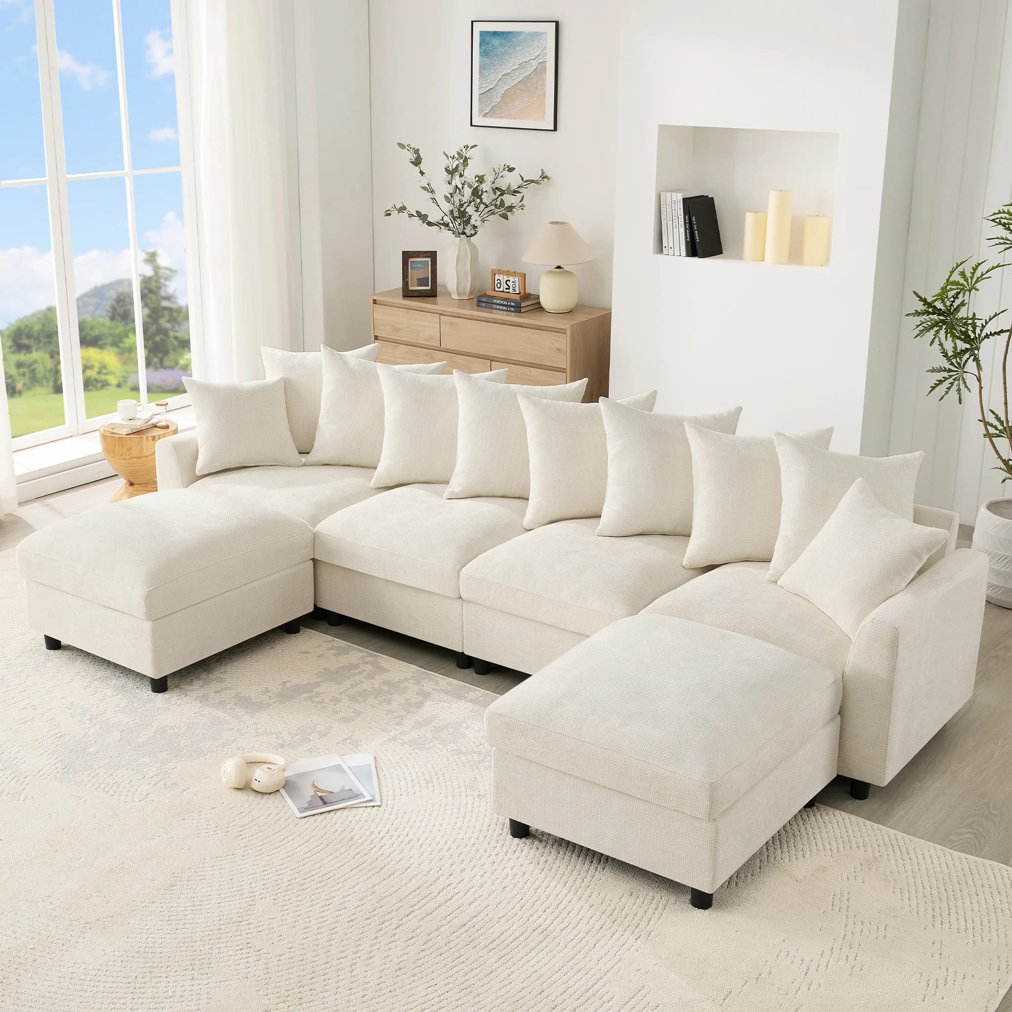 Modular U-Shaped L-Shaped Sectional Sofa, 6-Seater with 2 Movable Ottomans, USB & Type-C Charging Port, 8 Adjustable Back Cushions + 2 Decorative Pillows, Waffle Chenille Fabric, Grey