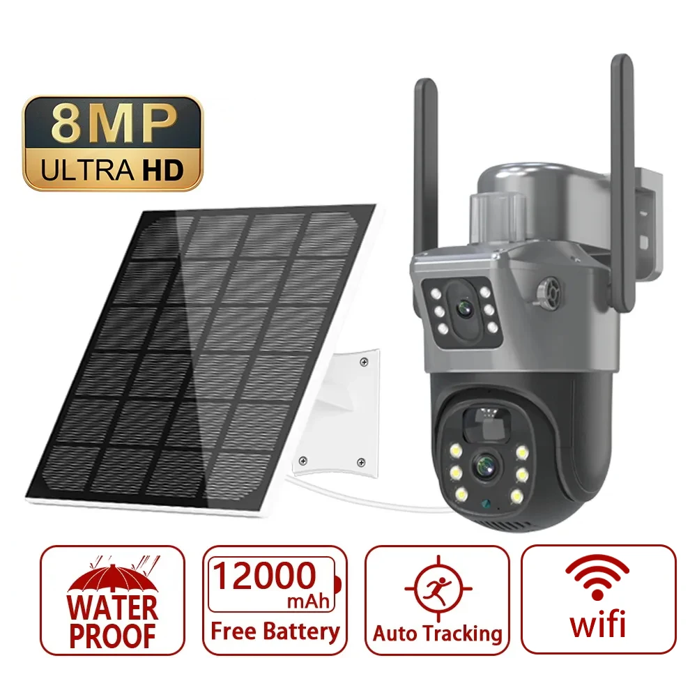 Solar Camera 4K 8MP WIFI Dual Lens PTZ Dual Screen PIR Human Tracking Outdoor Security CCTV Surveillance IP Camera