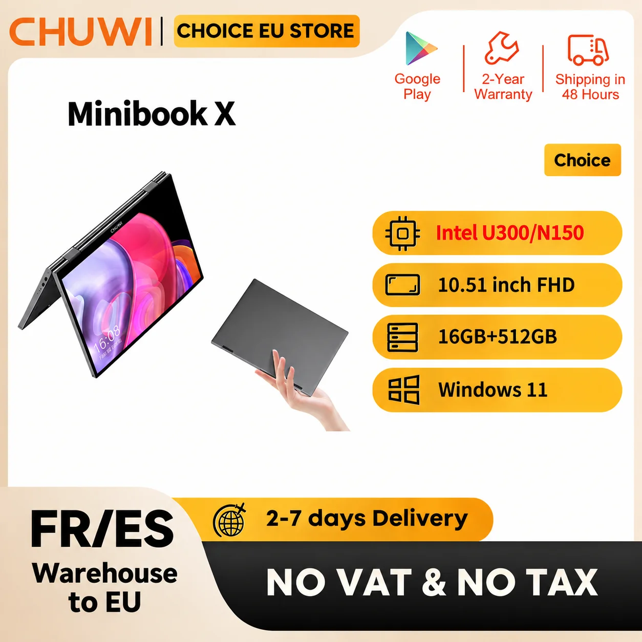 CHUWI MiniBook X U300 / N150 Laptop 10.51 Inch 16GB RAM 512GB SSD 2-in-1 Yoga Mode Intel  Windows 11 Notebook 360° Flipable WiFi 6