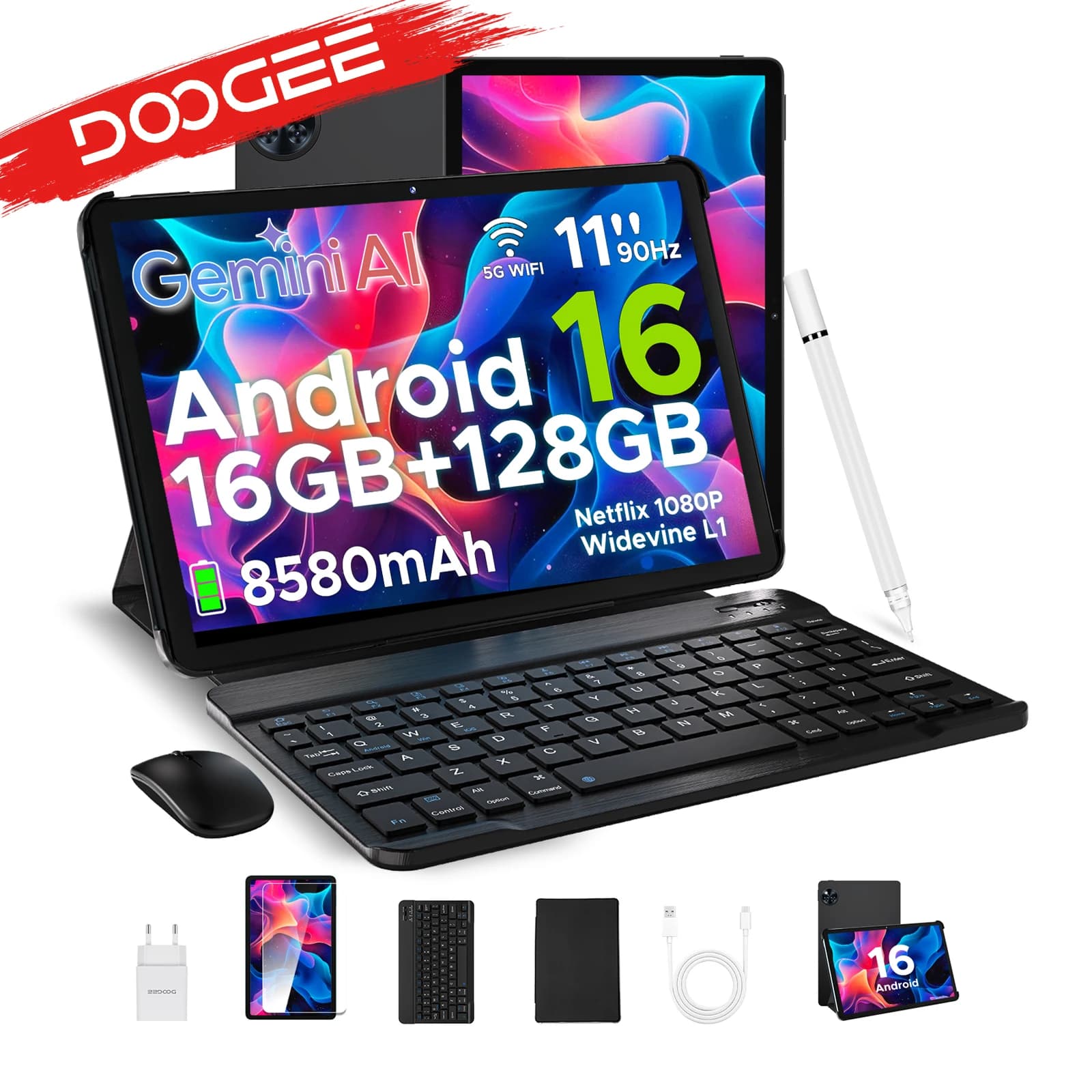 DOOGEE U11 tablet, Android 16, ultra-clear 11-inch 90Hz screen, 4 GB of RAM, 128 GB of ROM, 8580 mAh battery, dual speaker, supports Widevine L1