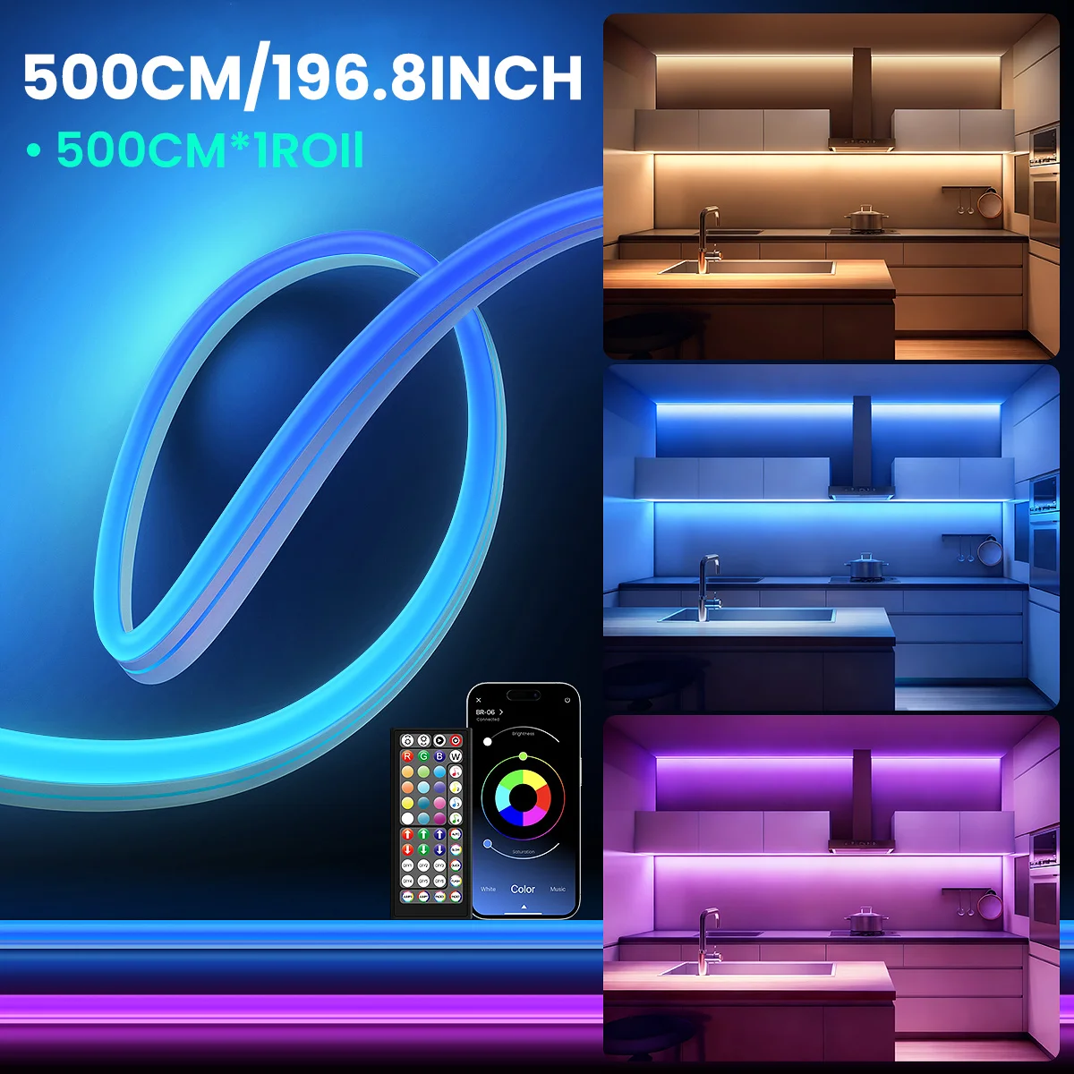 Smart RGB Flexible Neon Strip Light with Dual Control, 16Million Color Music Sync Timing IP65 Waterproof LED Rope Lamp For Bedroom Party Decor