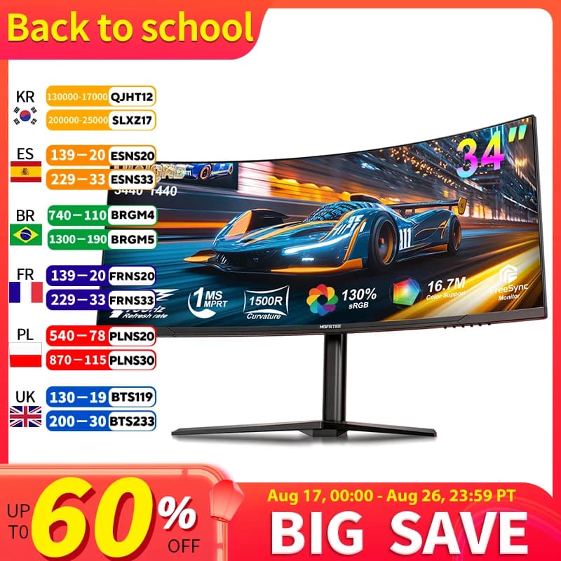 HGFRTEE 34 Inch Curved Gaming Monitor WQHD 3440x1440 165Hz 1500R Ultrawide 21:9 HDR Immersive Gaming Experience, B340Q