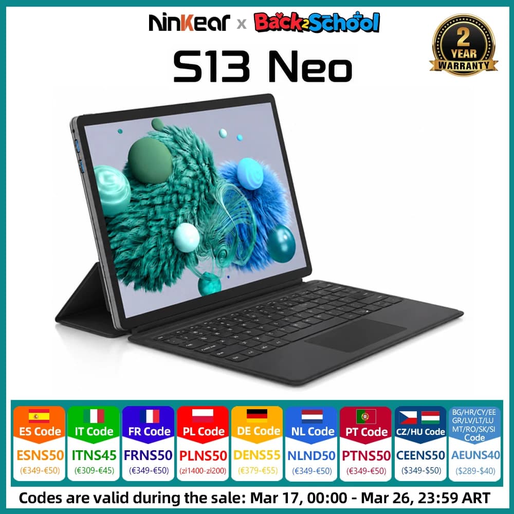 Ninkear S13 Neo 13 Inch 2-in-1 Tablet PC Intel N150 12GB LPDDR5 512GB SSD 3K IPS Touchscreen Windows 11 Detachable Magnetic Keyboard Stylus 6000mAh