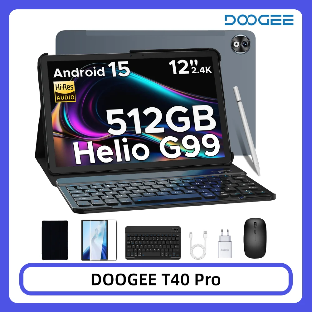 DOOGEE T40 Pro Tablet 20GB 512GB 12" 2.4K Display Helio G99 10800mAh Battery Quad Speaker 7.6mm Ultra-thin Android 15 Smart Pad