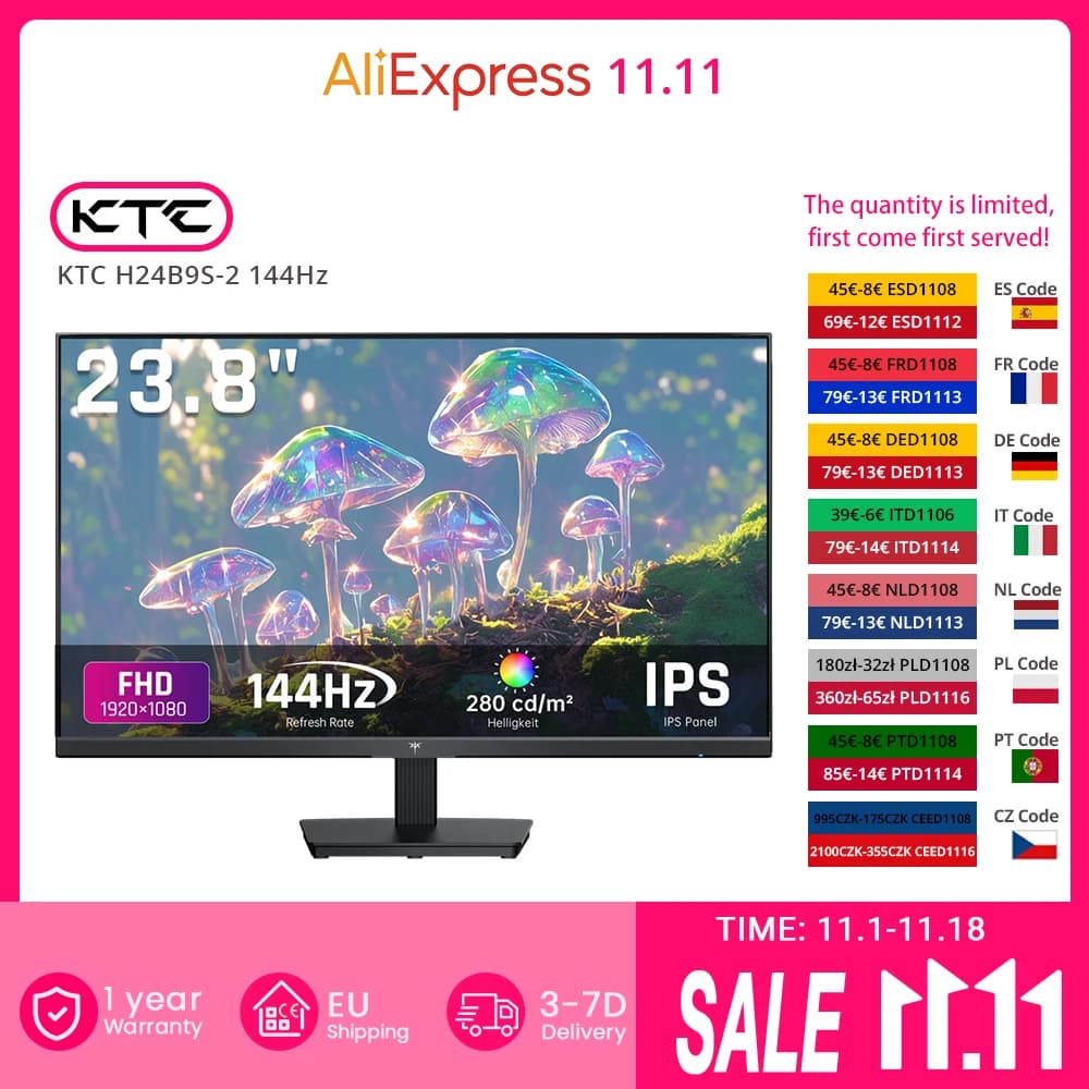 KTC H24B9S-2 144Hz Gaming Monitor, 23.8' FHD IPS Display, 178° Wide Viewing Angle, 113% SRGB, 16.7M Colors, Low Blue Light, 280 cd/m², HDMI & VGA, VESA 75x75mm Mount, Smooth Gaming & Daily Productivit