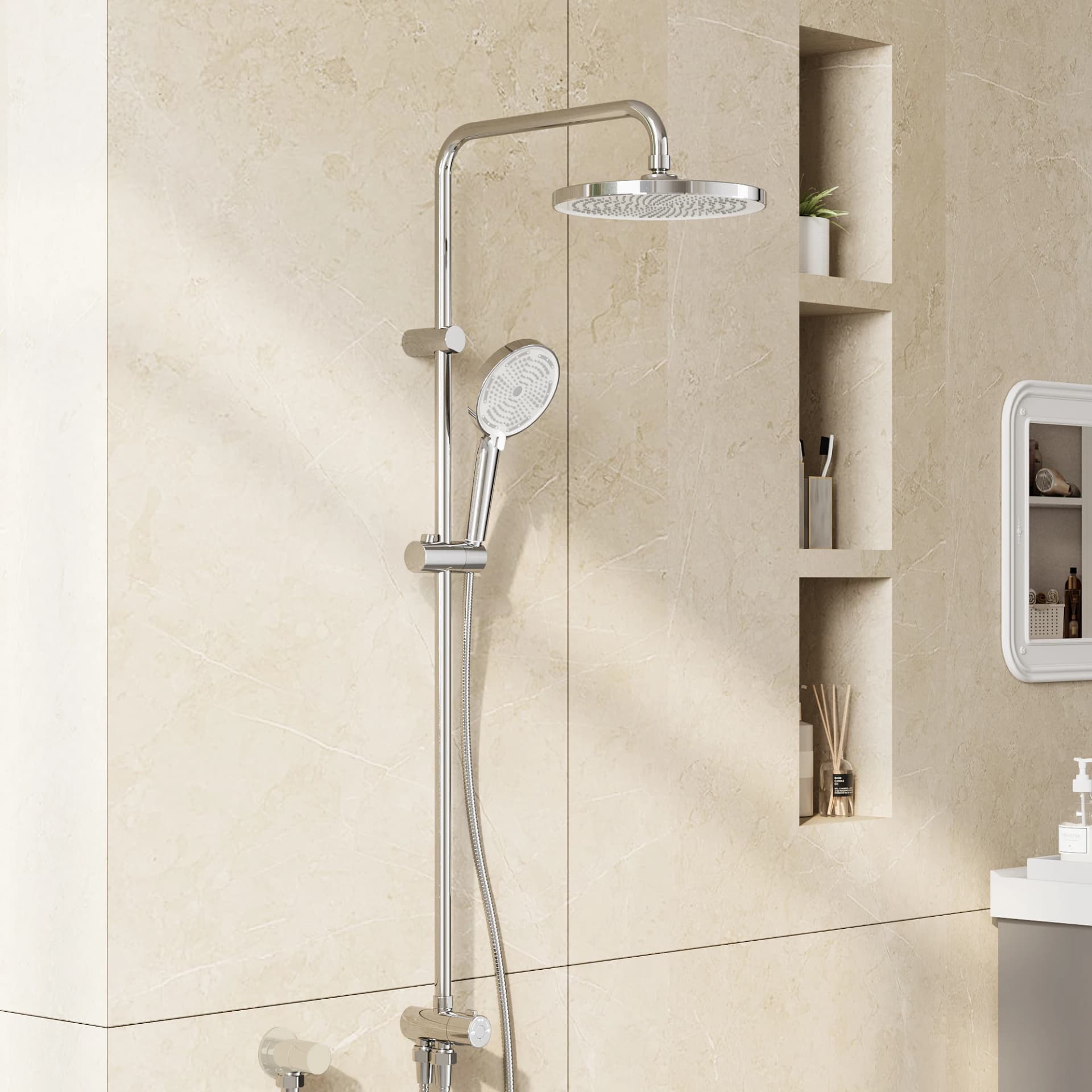 Innovative 3-in-1 Handheld Shower System with Wide Rain Shower Head - Luxury Shower Faucet Set with Adjustable Rod, Storage Shelf & Anti-Clog Nozzles