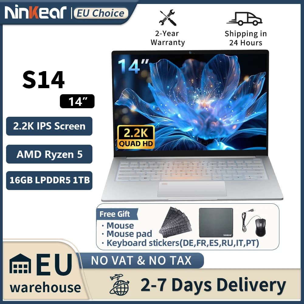 Ninkear 14 Inch Laptop AMD Ryzen 5 7535HS 16GB LPDDR5 1TB SSD 2.2K Display 100% sRGB Ultra Slim 1KG Metal Notebook WiFi 6