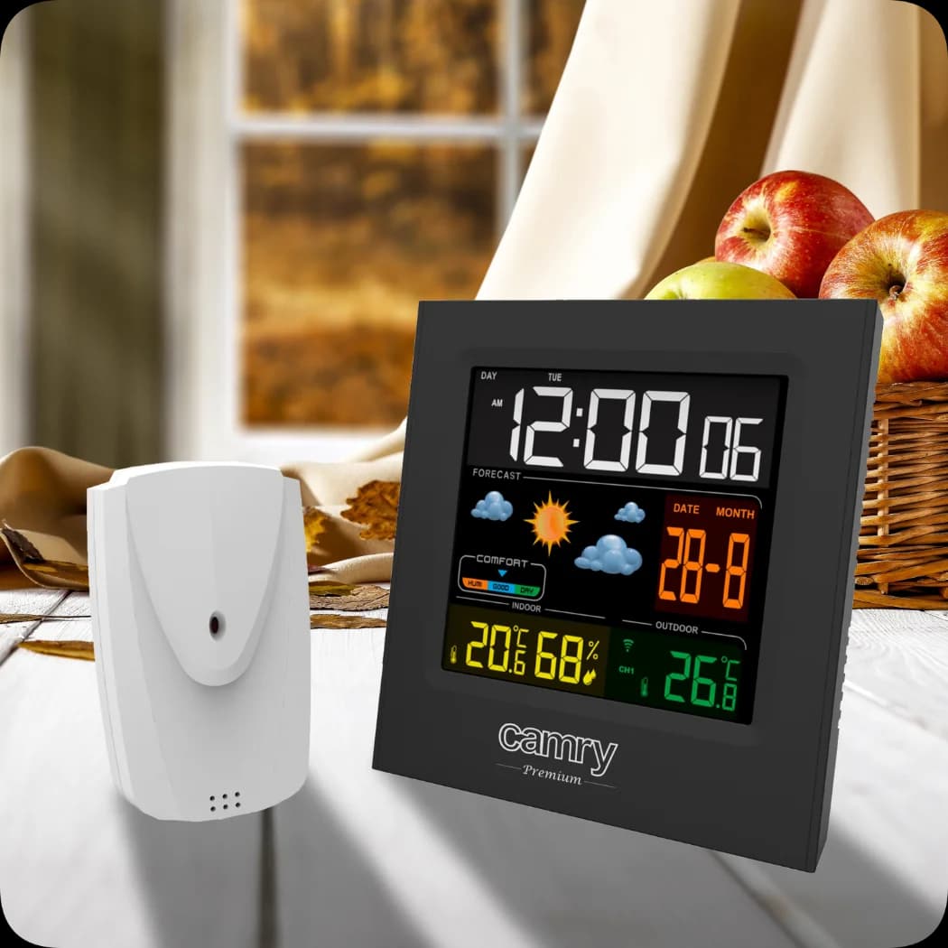 Weather station with temperature measurement humidity alarm clock and clock elegant design battery and network power