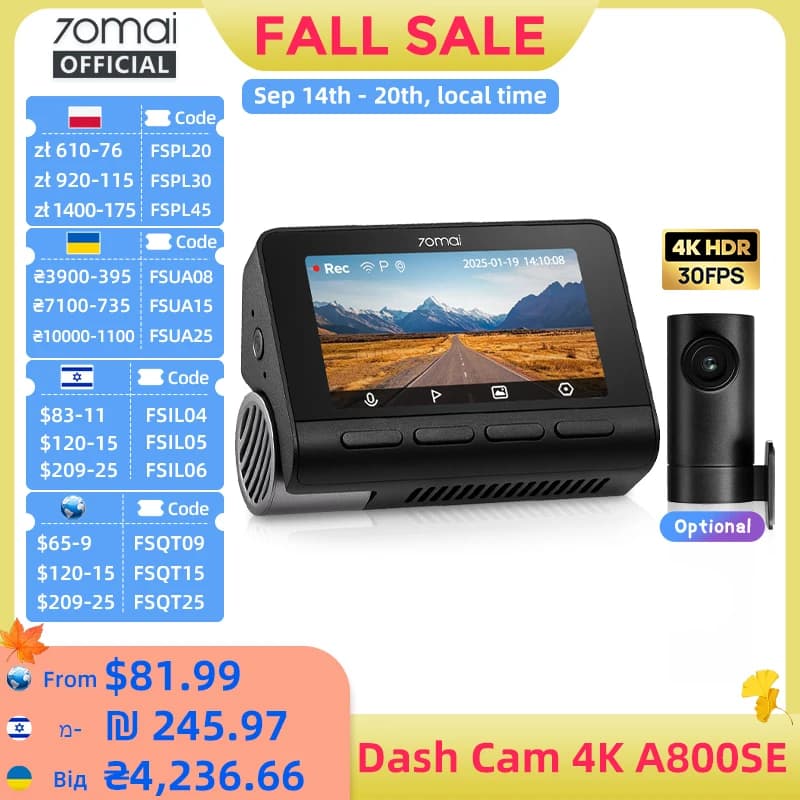 70mai 4K Dash Cam A800SE Upgraded Version of 70mai A800S Voice Control Supercapatior GPS ADAS Car DVR 70mai A800SE UHD Wifi 6