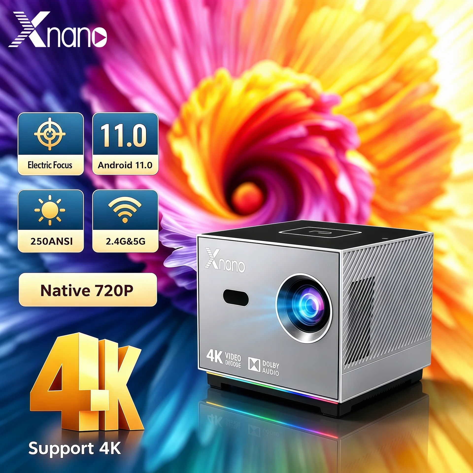 Xnano X3 Portable Smart Projector  Android 11 Dual Band 2.4G/5G WiFi Native 720P 4K Decode BT5.0 ARGB Ambient Light Electric Focus Home Theater Projector