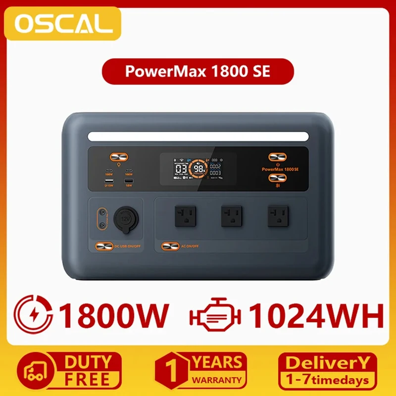 OSCAL PowerMax1800SE Portable Power Station,1024Wh LiFePO₄ Battery,1800W Rated / 3600W Surge, Home Backup Outdoor Camping Mobile power