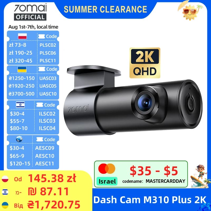 70mai Dash Cam M310 Plus 2K 1440P 143°FOV F1.55 Smart Voice Control 24H Parking Guard Night Vision 70mai M310 Plus 2K Car DVR