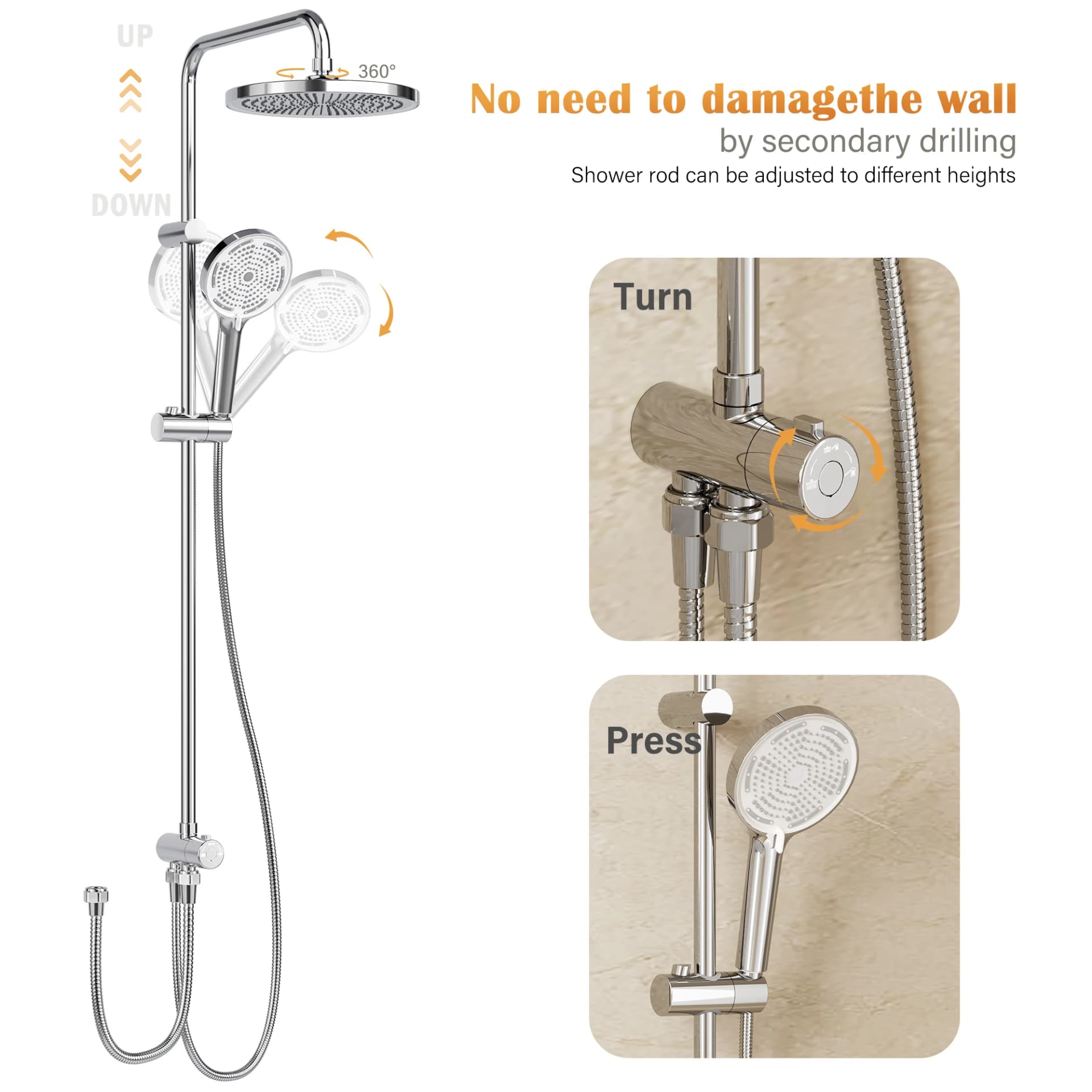 Innovative 3-in-1 Handheld Shower System with Wide Rain Shower Head - Luxury Shower Faucet Set with Adjustable Rod, Storage Shelf & Anti-Clog Nozzles