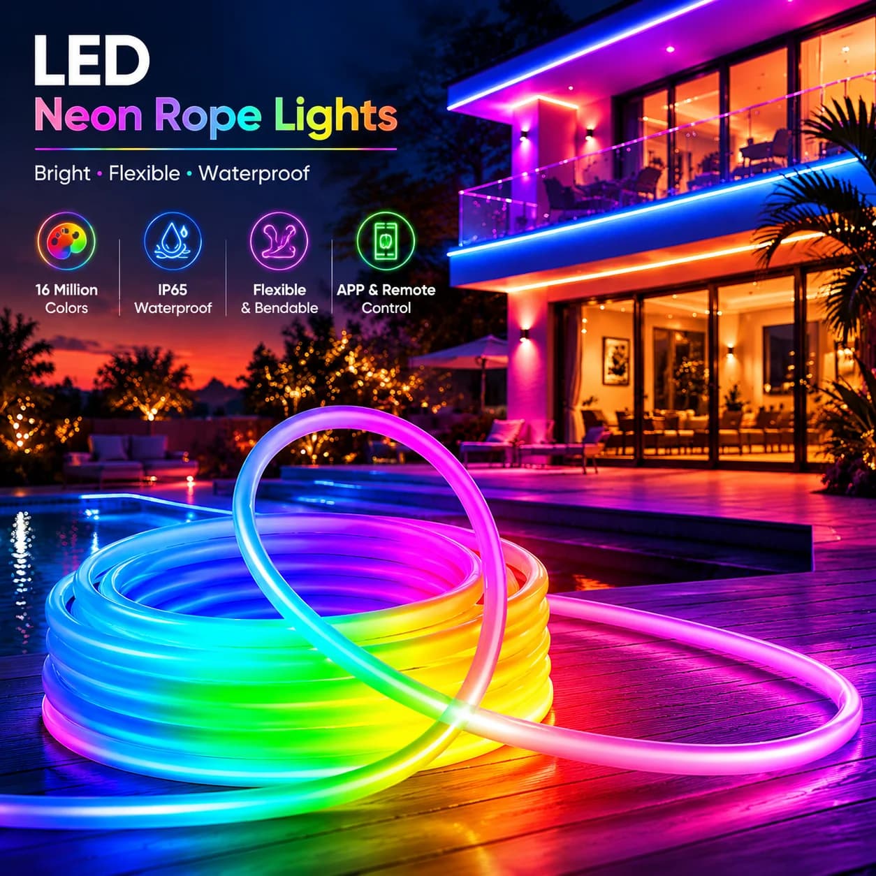 Flexible RGBIC / RGB LED Neon Strip Lights with  APP&Remote, Music Sync Timer Function IP67 Waterproof Indoor Rope Lamp for Bedroom Wall Garden Path Decor
