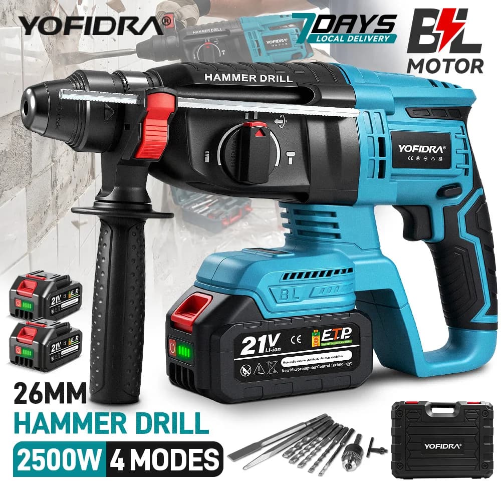 YOFIDRA 26mm Brushless Electric Rotary Hammer Cordless Multifunctional Impact Hammer Drill Power Tools For Makita 18-21V Battery Pin