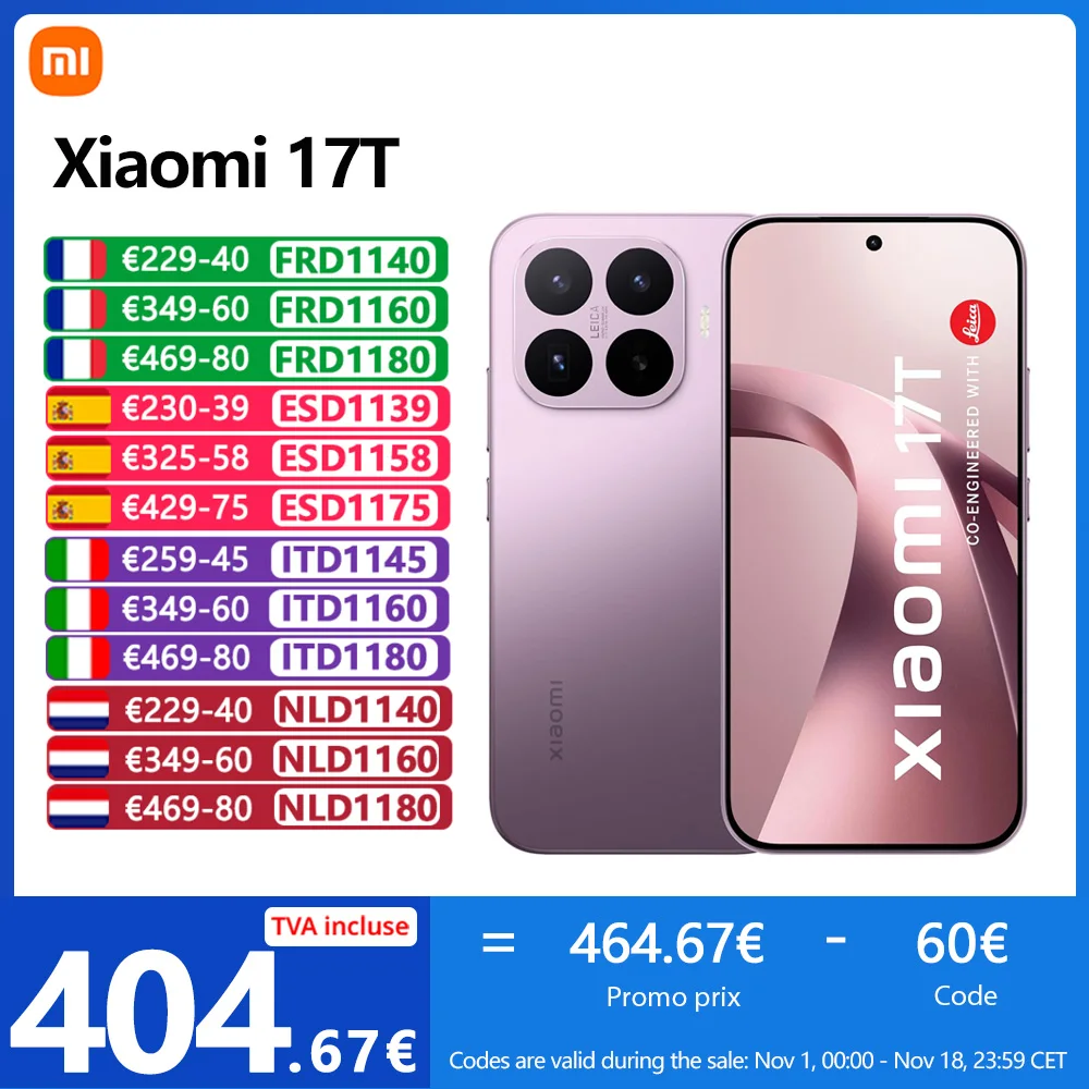 Global Version Xiaomi 17T MediaTek Dimensity 8500-Ultra 6500 mAh (typ.) Leica 5x Leica Leica Live Moment telecarbon battery