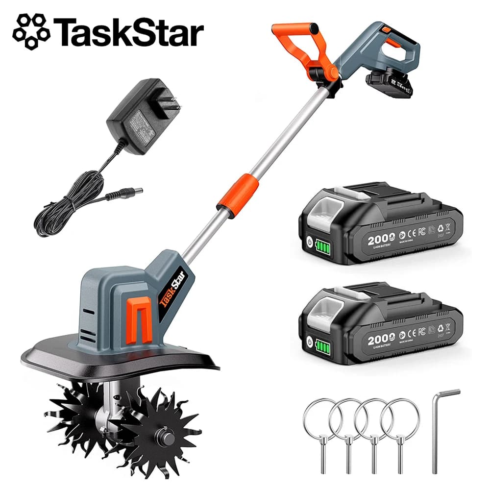 TaskStar Cordless Tiller for Gardening 360 RPM Electric Rototiller 2.0Ah Battery Powered Cultivator W/Steel Tines for Farm Work