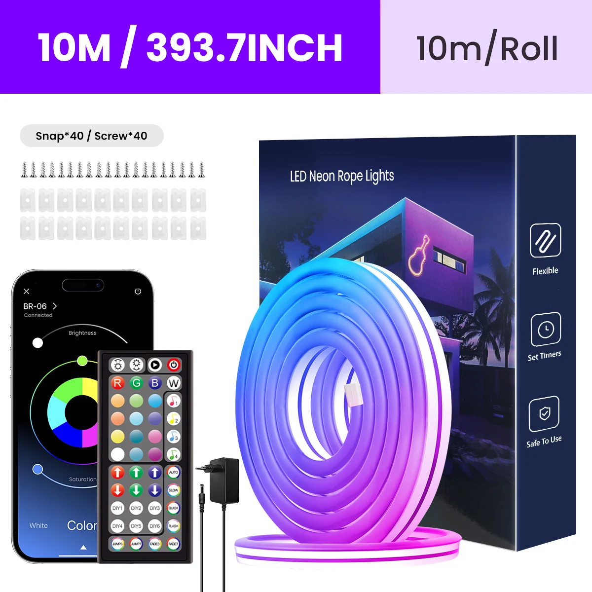 Neon Rope Lights,Flexible Led Rope Lights Control with App/Remote,Multiple Modes Rope Lights,IP65 Outdoor RGB Led Neon Lights Wa