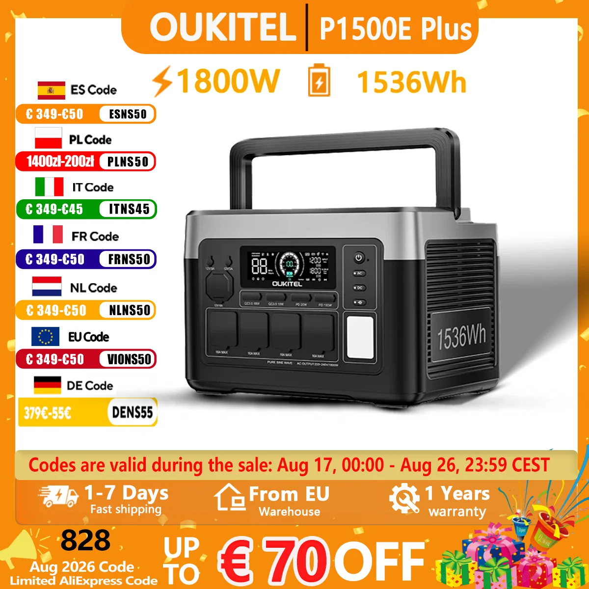 OUKITEL P1500 PLUS 1800W Portable Power Station 1536Wh Lifepo4 Battery Solar Generator, Portable Mobile Power for Home Backup, Outdoor Camping, RV Travel, Emergency Power Supply, Road Trip, Off-grid Living, Fishing & Picnic