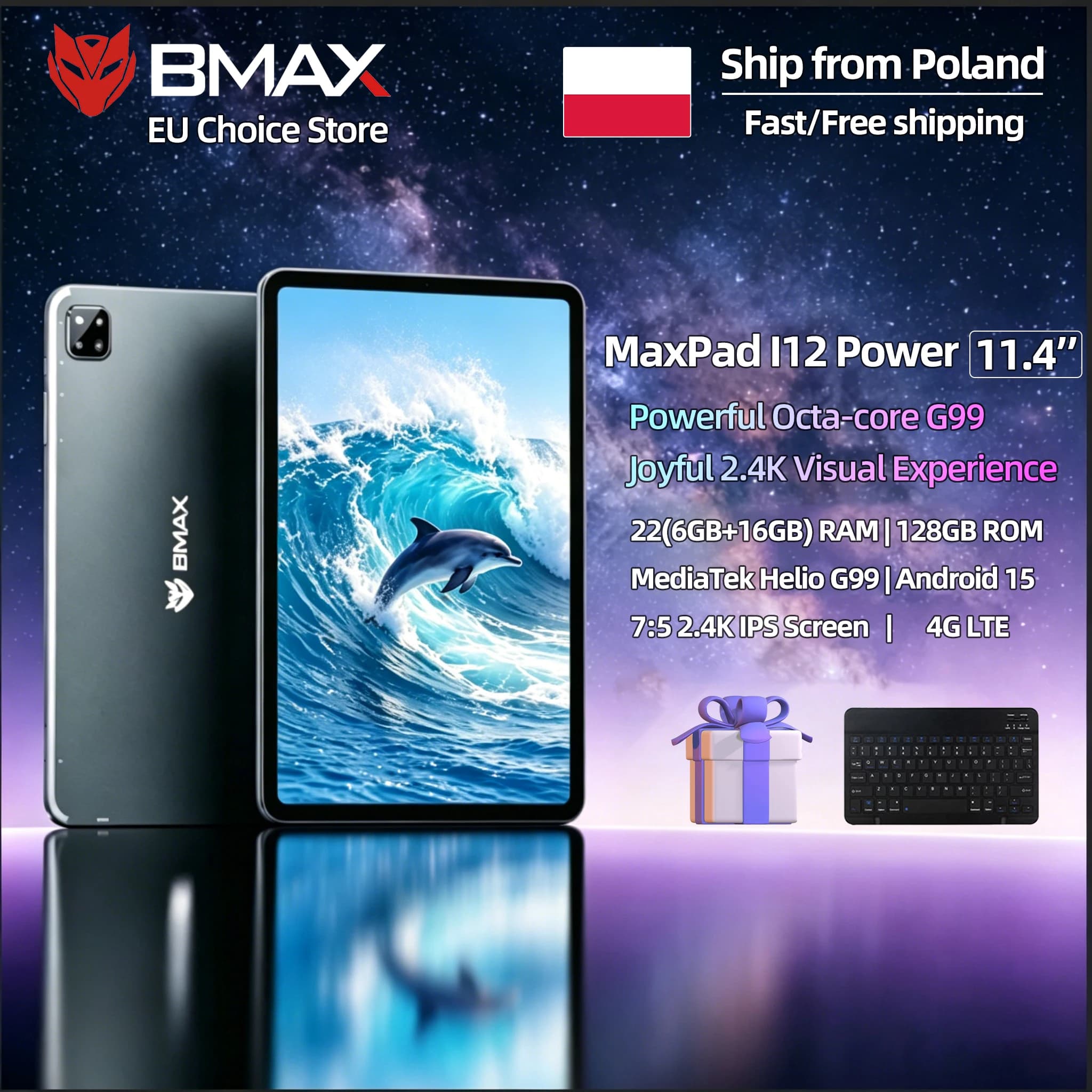 BMAX I12 Power Tablet 11.4" 2.4K IPS 90Hz Display MediaTek Helio G99 8-core 24(8GB+16GB) RAM 256GB ROM 8000mAh Type-C Android 15 Tablets 4G LTE GPS Support Dual SIM