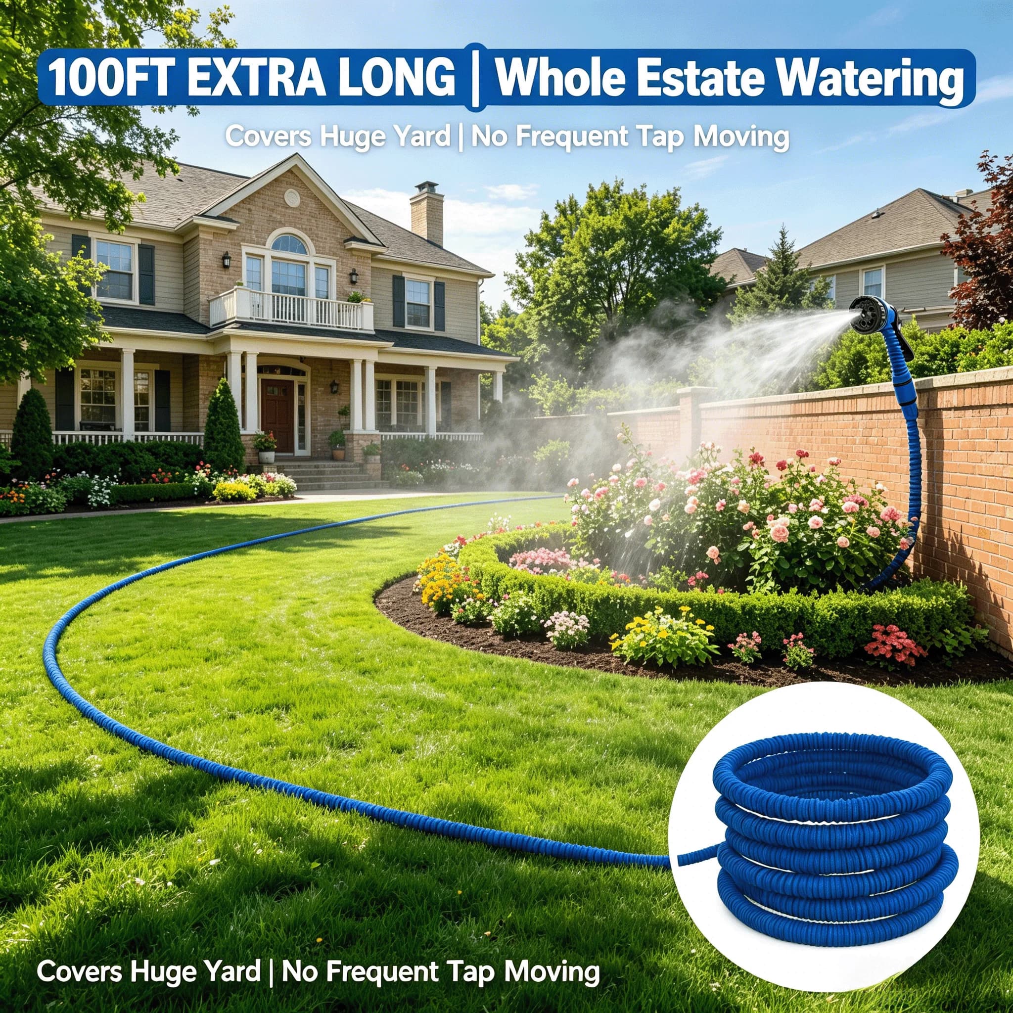 100FT Blue Expandable Garden Hose Extra Long for Large Villa Orchard Big Yard Landscaping Irrigation with 6 Spray Nozzle