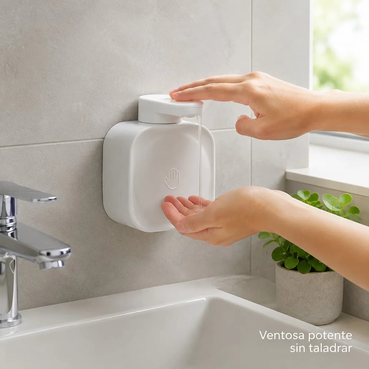 Liquid Soap Dispenser with High-Suction Vacuum Cup, White ABS Plastic Wall-Mounted Dispenser for Bathroom and Kitchen, Reusable No-Drill Installation, 12.1x10.3x9.8cm