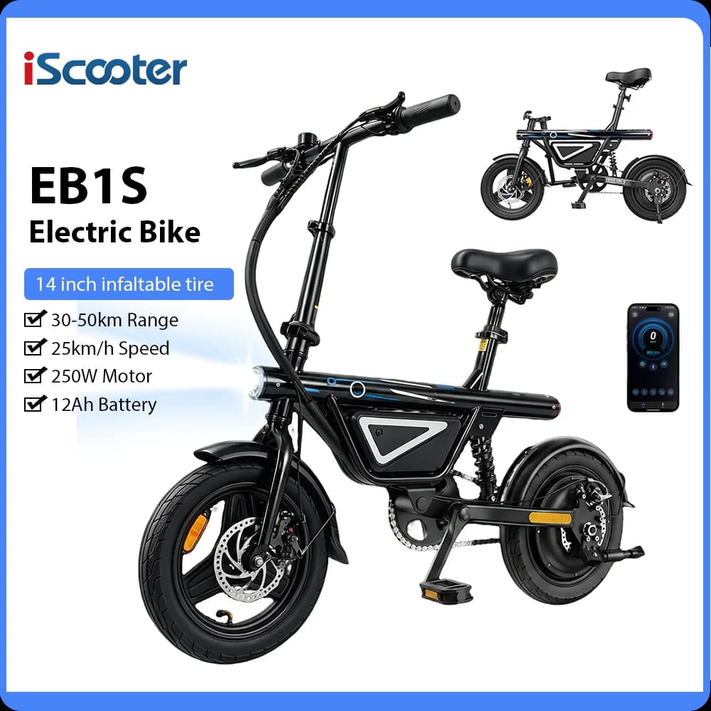 IScooter EB1S Electric Bicycle Features a 250W, 36V 12Ah Battery, Three-Speed Gears, a Top Speed of 35 Km/h, 14-Inch Pneumatic Tires, and Can Be Controlled via an App