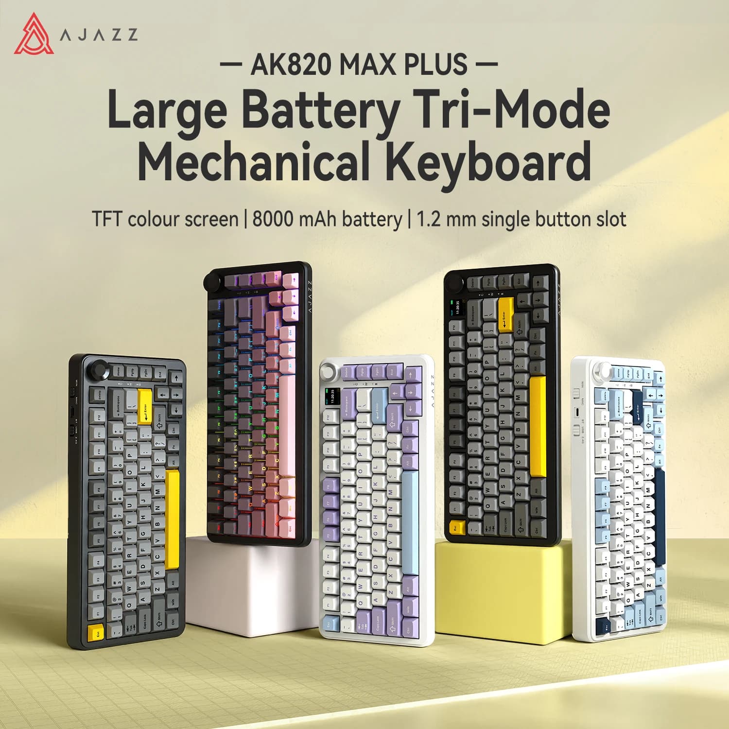 AJAZZ AK820 MAX PLUS Tri-mode Wireless Gaming Keyboard, BT5.1/2.4G/USB-C, Gasket & Full Hot-swap, RGB Music Rhythm, Flying Fish/Daydream/Maillard/Avocado Switches