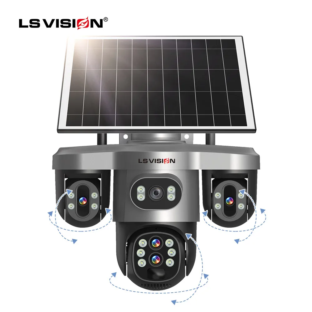 LS VISION 10X Optical Zoom Three PTZ Lens 4G Solar Camera Outdoor 20MP Four Lens Three Screens WiFi AI Humaniod Detection Auto Tracking IP66 Waterproof Surveillance Camera V380 Pro APP