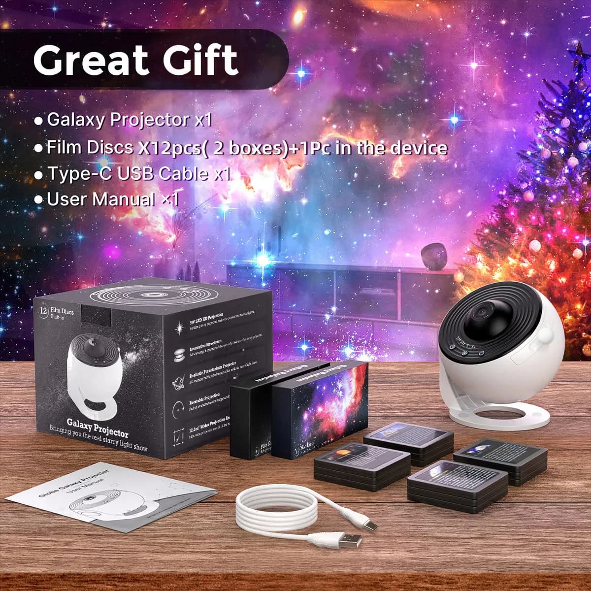 HD Galaxy Projector for Bedroom,13 Film Discs Planetarium Projector for Kids, 360° Rotating 1/2h Timer Simple 3-Button Control