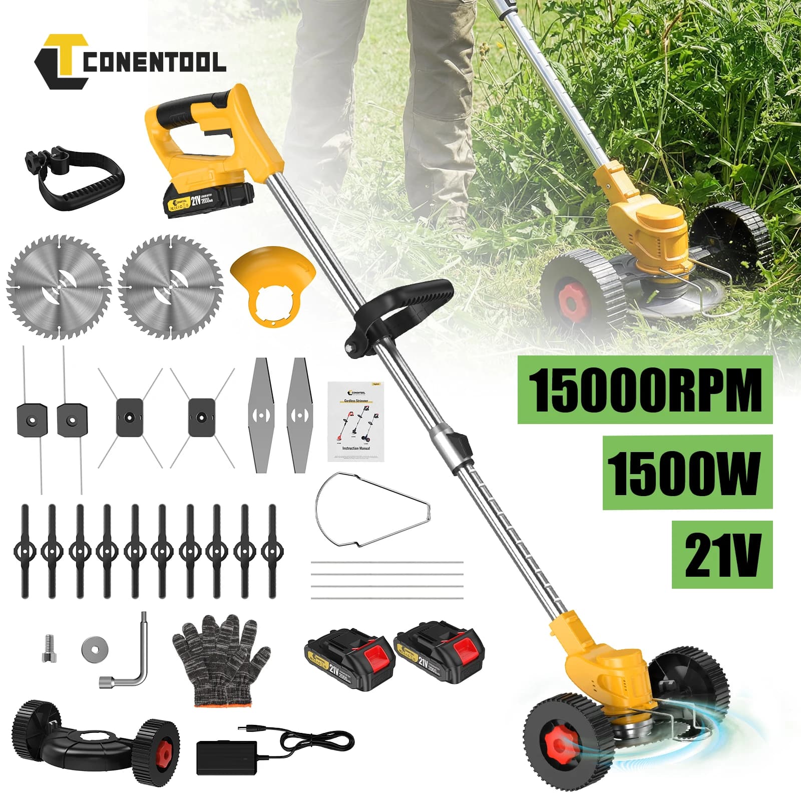 CONENTOOL 21V Cordless Lawn Trimmer Multifunctional Electric Grass Cutter with Wheel Weed Wacker Brush Cutter Garden Tool for Makita 18V Battery Pin