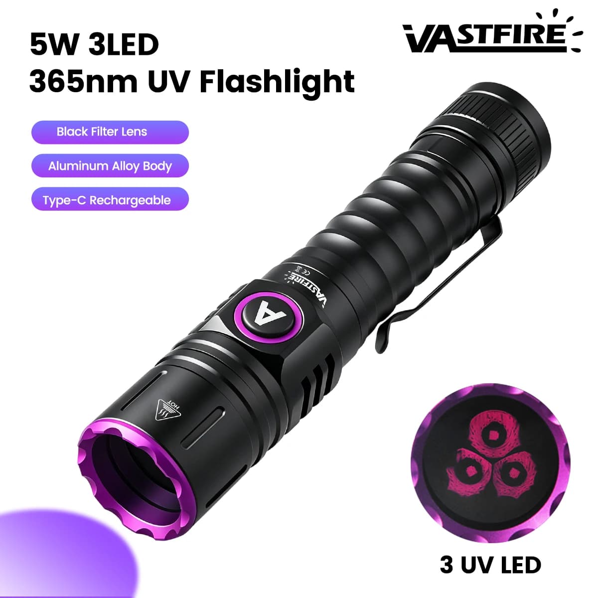 365nm UV Taschenlampe USB Rechargeable, Blacklight Flashlight for Pet Urine Detector & Counterfeit Money Check, Waterproof UV Torch with 365nm LED, EU Warehouse