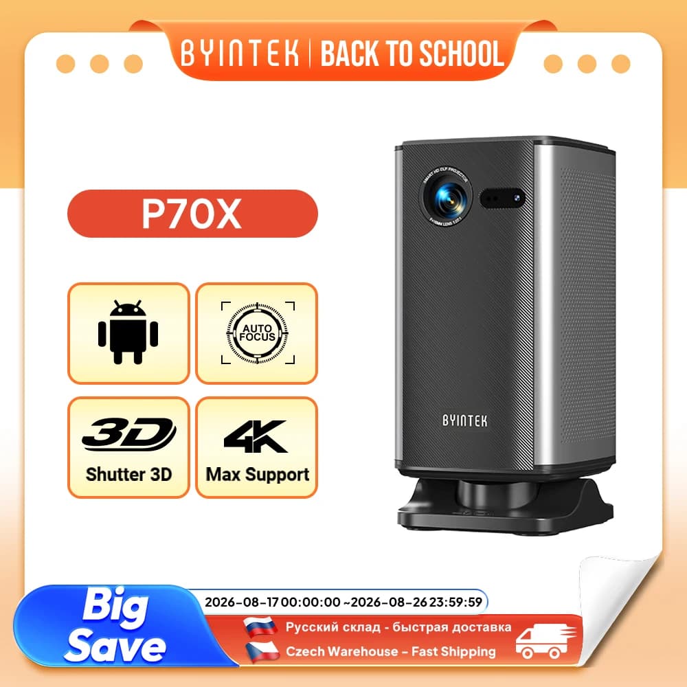 BYINTEK BOOK 1 P70X Portable Built-in Battery 4K Support 3D Wifi for Outdoor Movie Night Home Theater Projectors