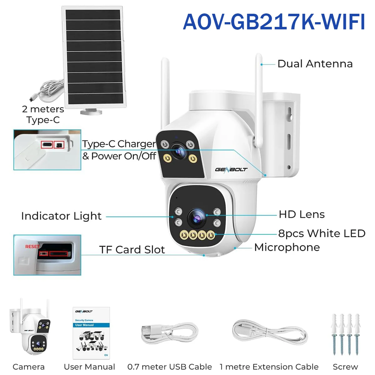 2.5K Outdoor Solar Security WIFI Camera AOV 24/7, Dual Motion Detection, with SIM, 15600mAh Night Vision for Patio/Garage GENBOL