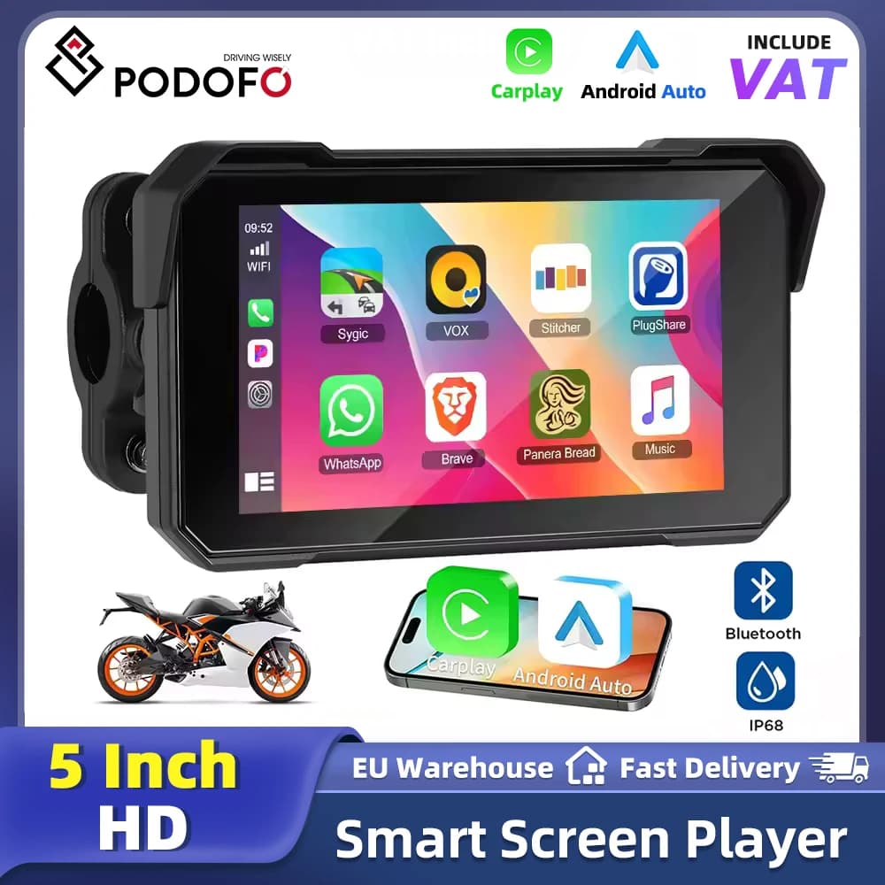 Podofo 5'' IPS Screen Wireless Carplay Motorcycle Monitor GPS Navigation Android Auto Portable Smart Player IP68 Waterproof Portable On Board Screen For Riding Use