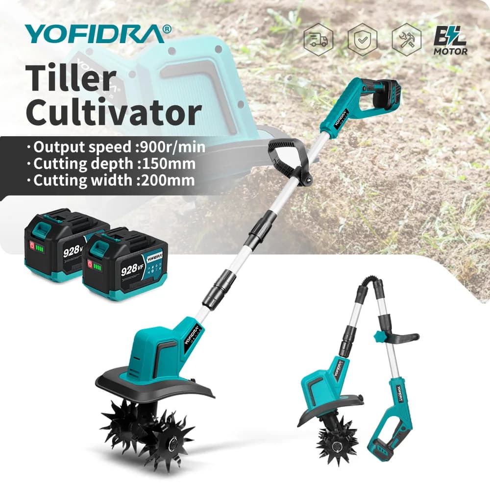 YOFIDRA Brushless Electric Tiller Cultivator 1500W Garden Portable Cordless Lawn Mower Grass Trimmer Soil Turning Power Tool for Makita Battery Pin