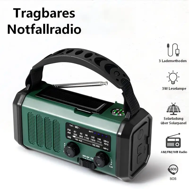 10000mAh power bank crank radio solar emergency radio AM/FM/WB world receiver with flashlight SOS alarm compass portable
